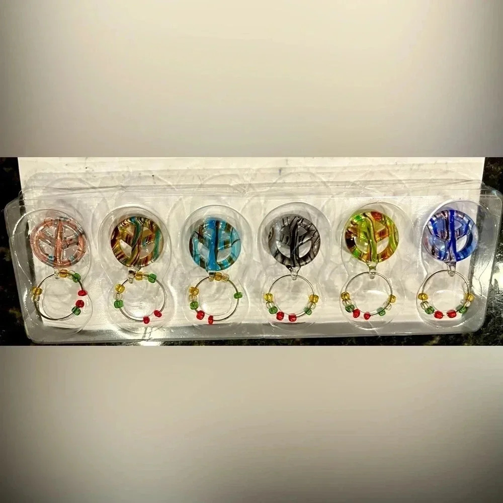 Art Glass Beaded Peace Sign Wine Charms Set of Six - Picture 1 of 6
